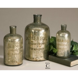 THREE ANTIQUED AGED SILVER GLASS DECORATIVE BOTTLES IVORY & BRASS WIRE ACCENTS   183357956760